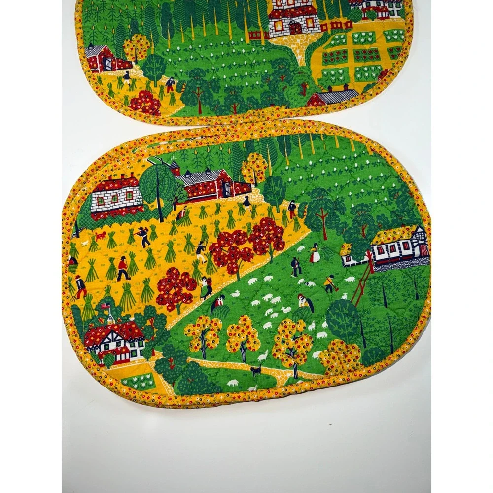 Farm Folk Art Quilted Placemats Green Yellow‎ Set of 4 Cottagecore Farmer Calico